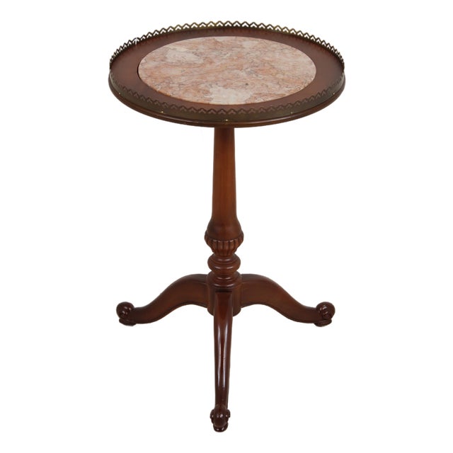 Vintage French Mahogany Pedestal Table W. Inset Marble Top For Sale
