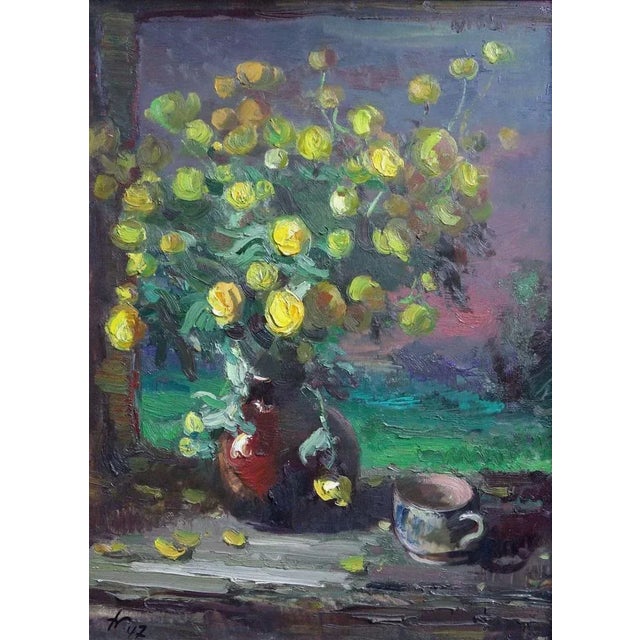Modern Julijs Vilumainis, Yellow Flowers in Vase, 1947, Oil on Plywood For Sale - Image 3 of 3