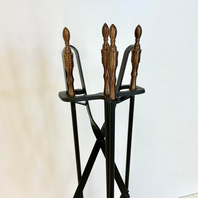 Bronze 1970s Mid-Century Wrought Iron With Bronze Handle Fireplace Tools & Rack - 5 PCS Set For Sale - Image 8 of 14
