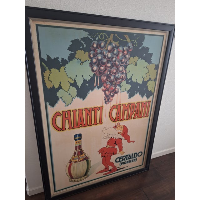 A large, vintage, Italian, 1940s advertising poster for Chianti Campani. "Certaldo Chianti Campani" refers to Chianti...