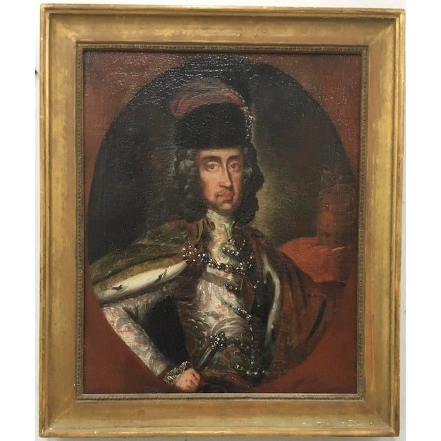 18th century oil on canvas Spanish school portrait of a nobleman in a full court dress .