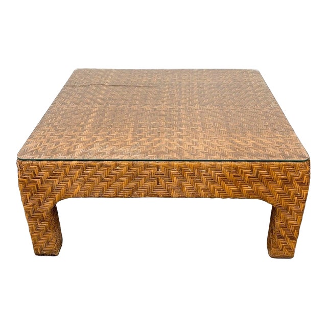 1970s Woven Rattan Square Coffee Table For Sale