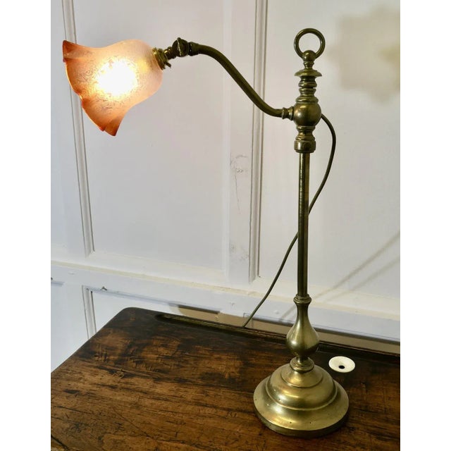 Metal French Brass Desk/Table Lamp with Detailed Pink/Amber Glass Shade, 1890s For Sale - Image 7 of 11