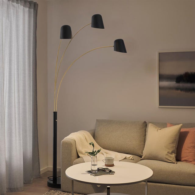 Mid-Century Culver 3-Light Arc Floor Lamp by Nova of California. Handcrafted matte black base and pole with brass gold...