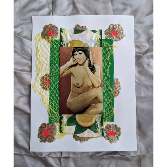 8.5" x 11" A 1970's nude postcard and lemon packaging over vintage textile and glitter painted flowers. Model unknown