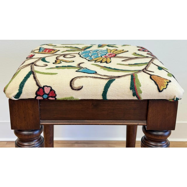 Newly Upholstered Vintage Bombay Company Turned Wood Stool For Sale - Image 9 of 11