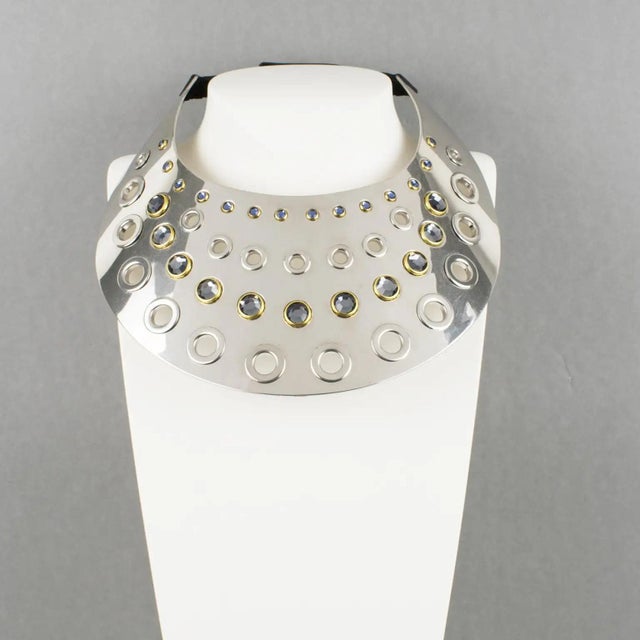 Contemporary Sonia Rykiel Silvered Metal Bib Necklace with Blue Glass Cabochons For Sale - Image 3 of 14