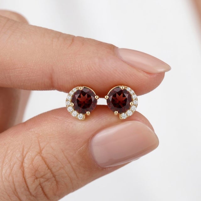 Contemporary Beautiful Red Gemstone Earlobe Studs - Garnet Round Cut Cz Studs - A Pair For Sale - Image 3 of 4