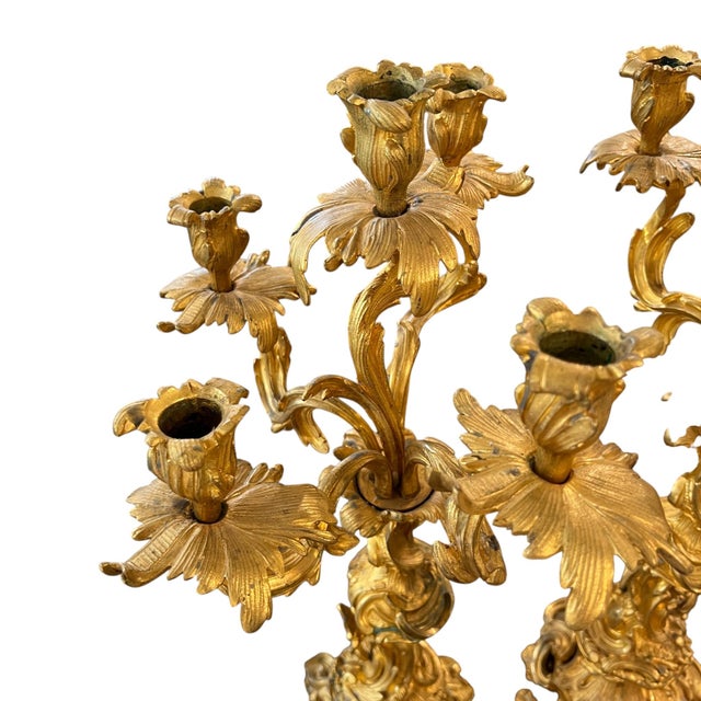 19th Century Pair of Louis XV Style Large Gilded Ormolu 5 Light Candelabras For Sale In New Orleans - Image 6 of 7
