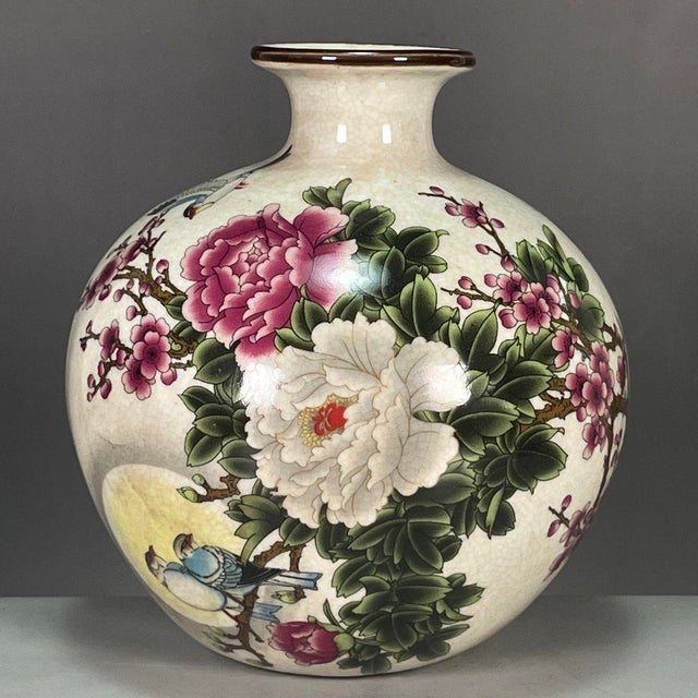 Late 20th Century Vintage Chinese Crackle Glaze Famille Rose "Peonies & Birds" Vase With Poem For Sale - Image 5 of 9