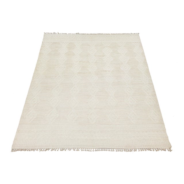 Moroccan Ivory Geometric Handmade Modern Moroccan Wool Area Rug For Sale - Image 3 of 10