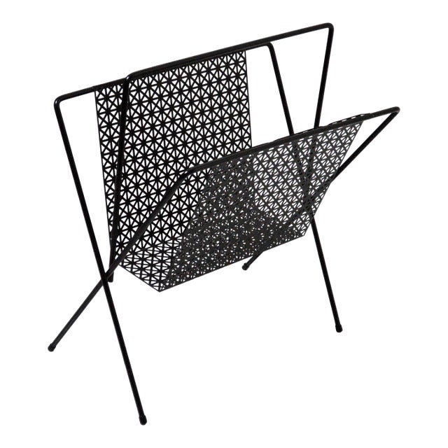 MCM Atomic Black Metal Pierced Sunburst Magazine Rack Holder For Sale