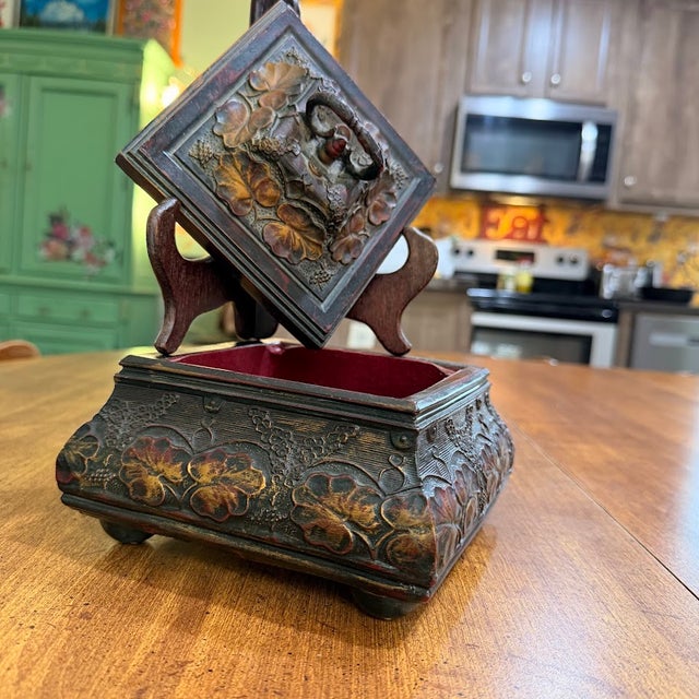 Wood Vintage Style Carved Floral Jewelry Box Red Velvet Lined Footed Trinket Chest For Sale - Image 7 of 11