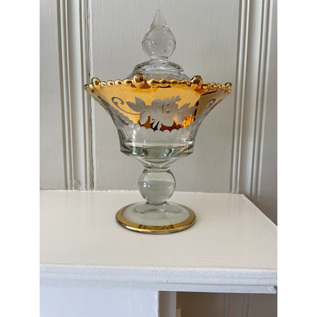 Vintage "Paden City Glass" Large Etched Roses Gold Glass Compote With Lid For Sale - Image 13 of 13