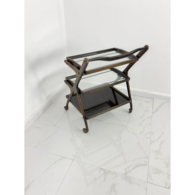 Brown Walnut and Brass Bar Trolley in the style of Cesare Lacca, 1950s For Sale - Image 8 of 12