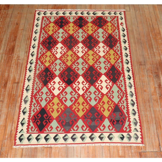Mid 20th Century Geometric Turkish Kilim - 3'6" x 5'6" For Sale - Image 9 of 18