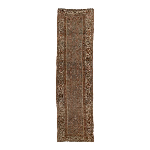 Antique Bidjar Handmade Floral Wool Runner in Gray and Rust Color From the 1890s For Sale