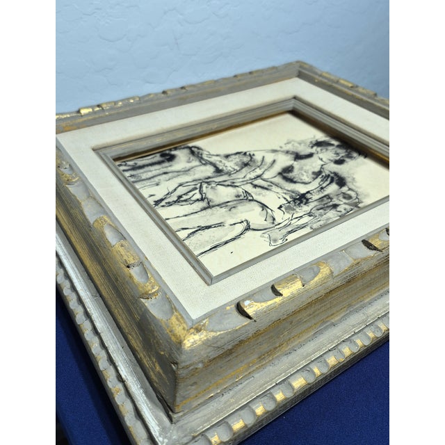 Mid-Century Figural Seated Woman Ink Drawing in Ornate Gold Gilt Frame For Sale - Image 9 of 11