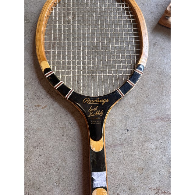 Brown Collection of Vintage Miscellaneous Wooden Tennis Rackets With Guards For Sale - Image 8 of 10