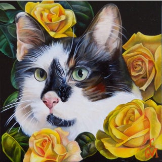 Hercules by Claudia Griesbach-Martucci | Oil Painting of a cat surrounded by yellow roses For Sale