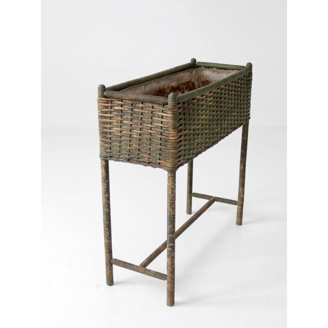 Antique Green Painted Wicker Jardinière Planter With Metal Liner For Sale - Image 16 of 17