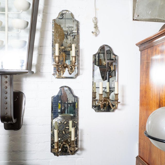 Beveled mirror and cast brass two-arm sconces For Sale In New York - Image 6 of 12