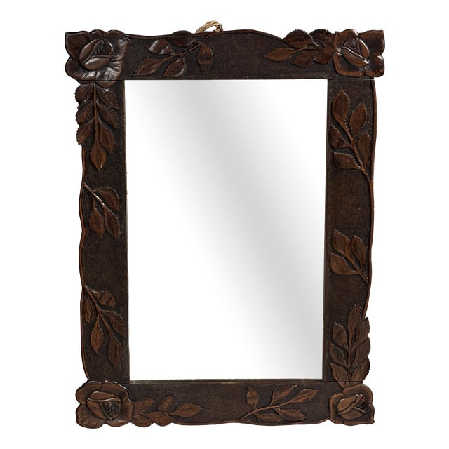 Antique Hand-Carved Wall Mirror with Floral Roses, 1890s For Sale
