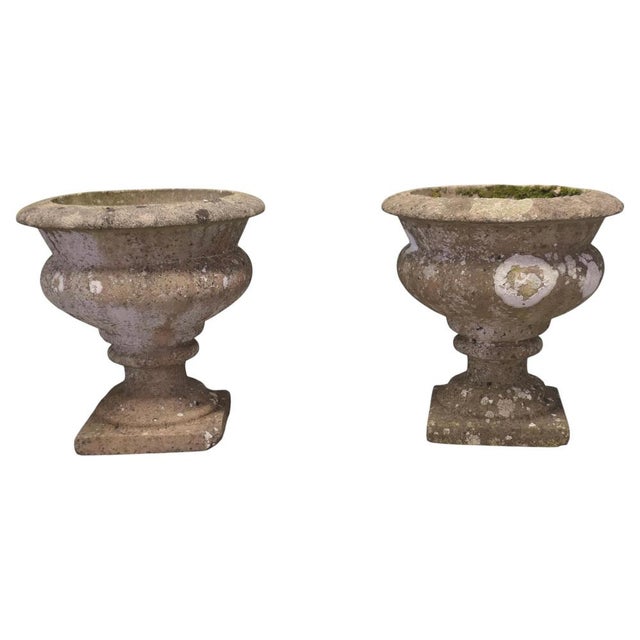 Brown Mid-Century Weathered Cast Stone Garden Planters, 1920s, Set of 2 For Sale - Image 8 of 8