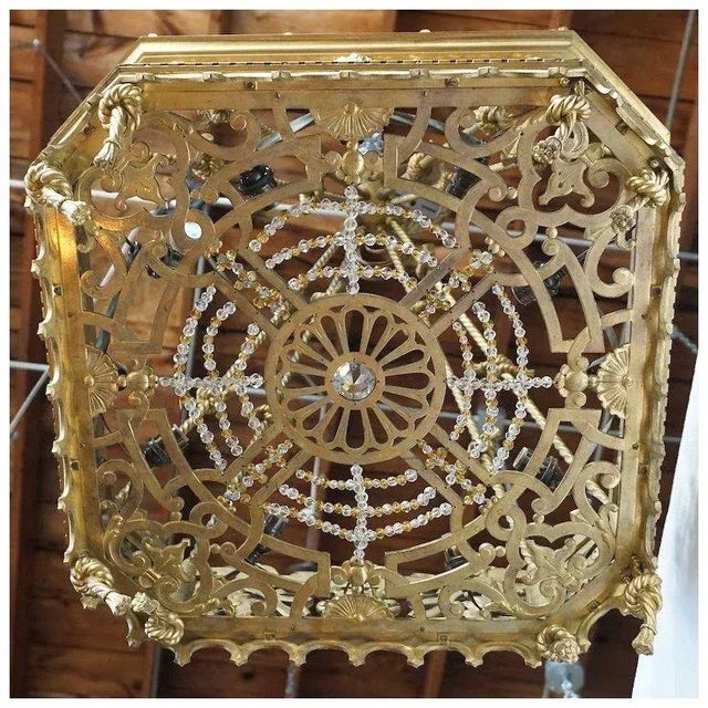 This unusual antique French square, pendant light features a paneled octagonal frame with pierced patterns of flowers,...