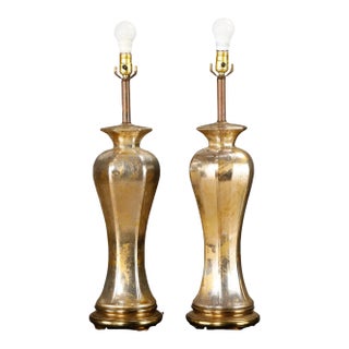 1950s Italian Mercury Glass Table Lamps With Gilt Brass Bases, Murano - a Pair For Sale