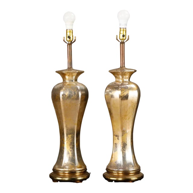 1950s Italian Mercury Glass Table Lamps With Gilt Brass Bases, Murano - a Pair For Sale