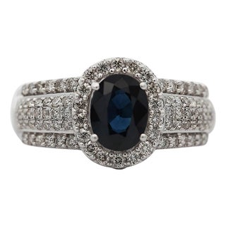 2.50 Carat Oval Cut Blue Sapphire & Diamond Halo in 14k White Gold Vintage Ring, Size 8 For Sale