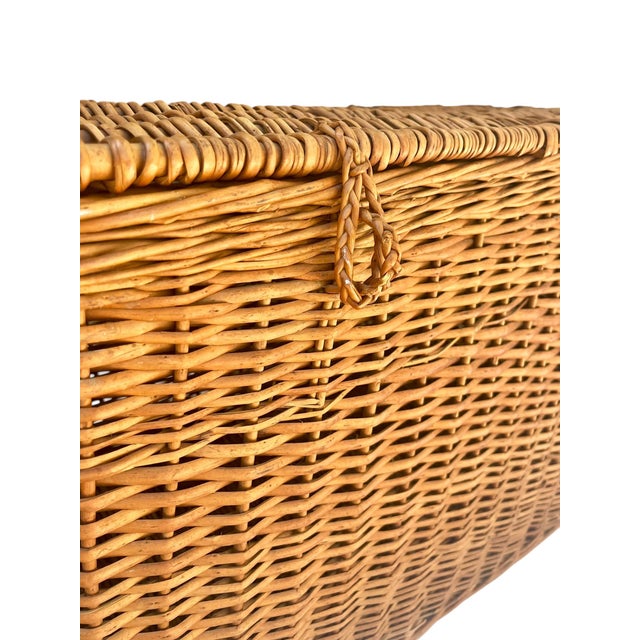 Wood Antique English Wicker Storage Trunk Chest With Hinged Lid | Early 20th Century For Sale - Image 7 of 18
