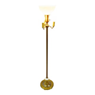 Vintage Torchiere Floor Lamp With Marble Base & Milk Glass Diffuser For Sale