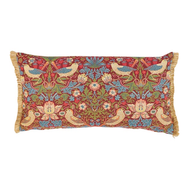 Strawberry Thief Red Tapestry Cushion With Gold Fringe With Feather Filler - 33x60cm (13"x24") For Sale