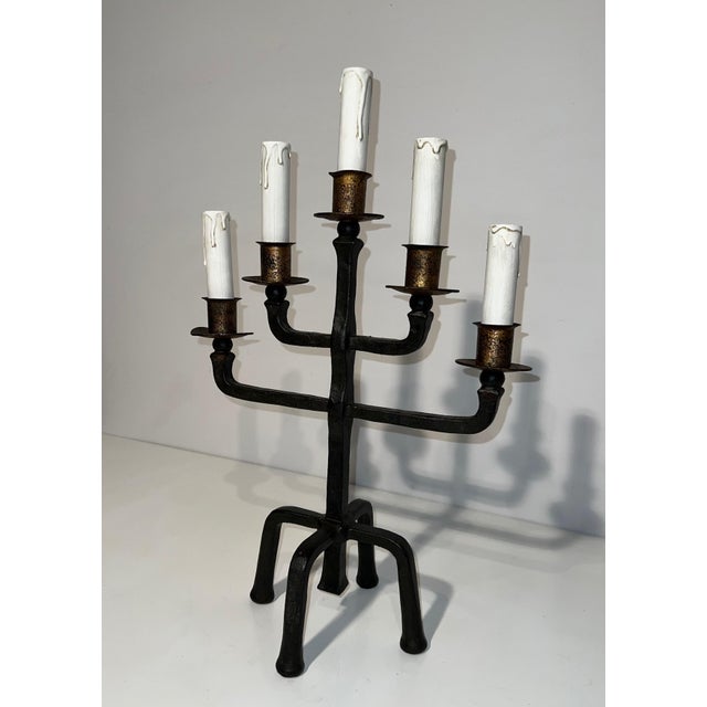 1940s 1940s Pair of 5-arm wrought iron candelabras For Sale - Image 5 of 12