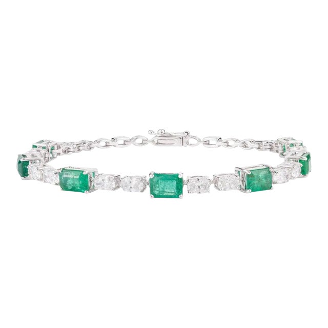 Modernist Emerald Diamond 18k Solid Gold Tennis Bracelet For Sale