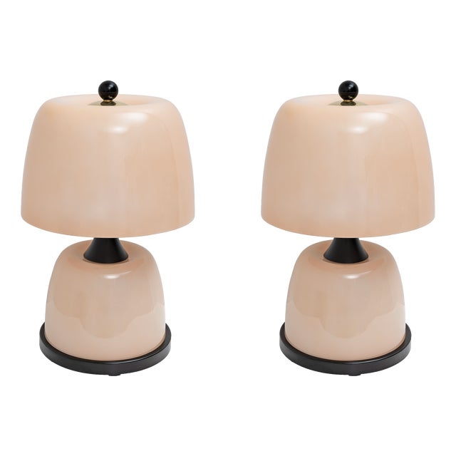 Italian Murano Glass Table Lamps in Blush Pink with Brass Details, 2000, Set of 2 For Sale