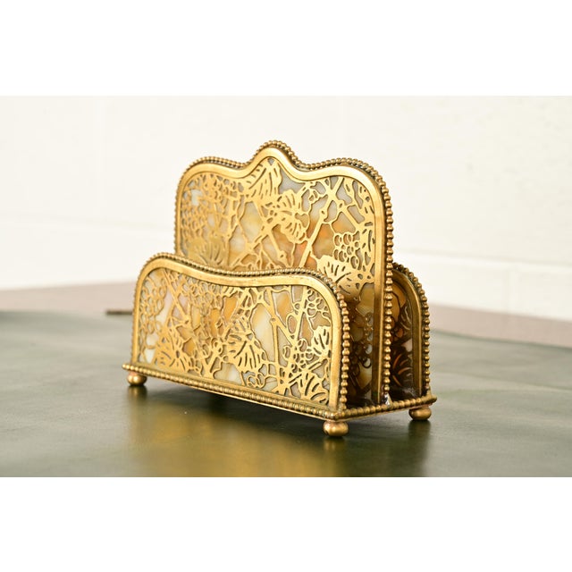 Art Deco Tiffany Studios New York Grapevine Pattern Bronze Doré and Favrile Slag Glass Letter Rack For Sale - Image 3 of 15