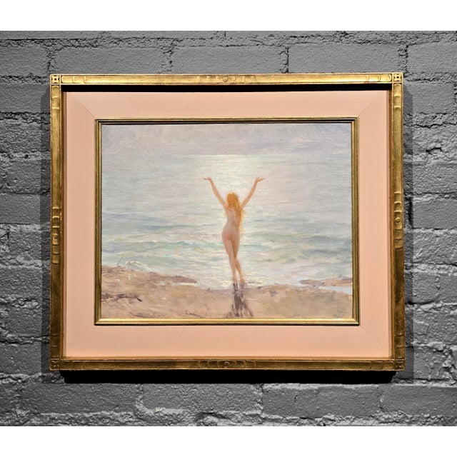 Impressionist Joseph Tomanek–Nude Nymph Greeting the Sea –1920s American Impressionist Oil Painting For Sale - Image 3 of 11
