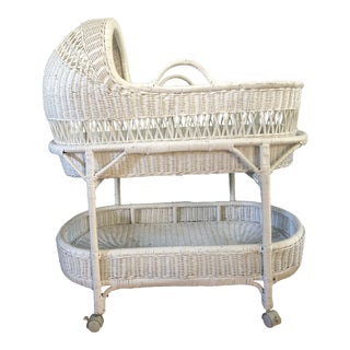 1960s Cottage White Wicker Bassinet With Stand - 2 Piece Set For Sale