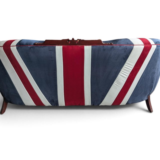 Late 20th Century Vintage Union Jack Upholstered Sofa With Ornate Carved Wood Frame For Sale - Image 5 of 18