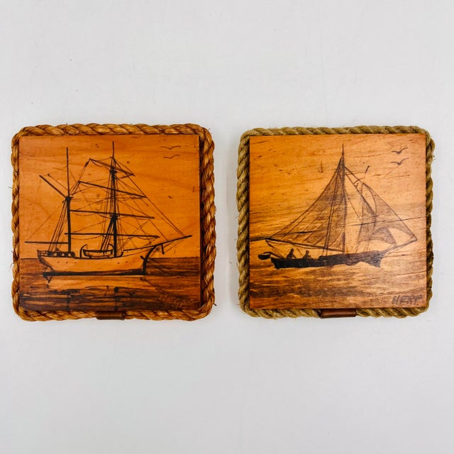Vintage Folk Art Pen & Ink Petite Sailboat Art, Signed - Nautical Wood Plaques - Set of 2 For Sale - Image 4 of 18