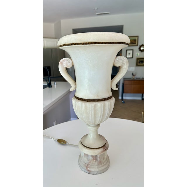 Single Italian Tall Alabaster and Brass Urn Handles Table Lamp For Sale - Image 18 of 18