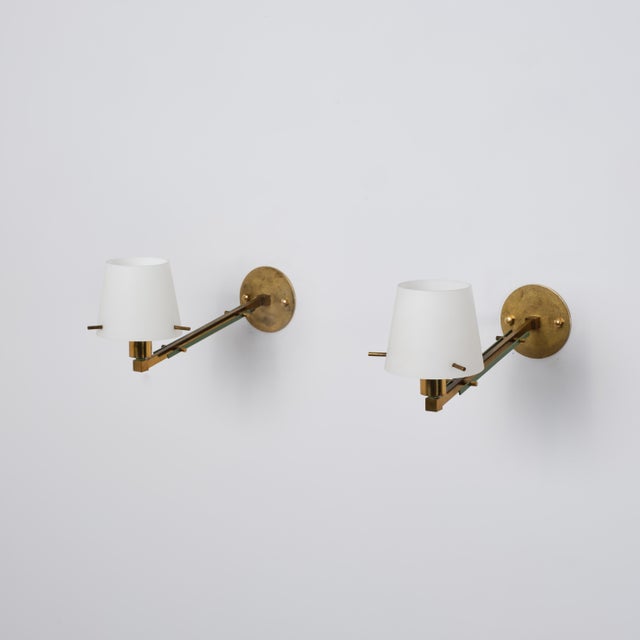 Gold Italian Brass, Green Metal and Opaline Glass Wall Sconces, 1950s, Set of 2 For Sale - Image 8 of 14