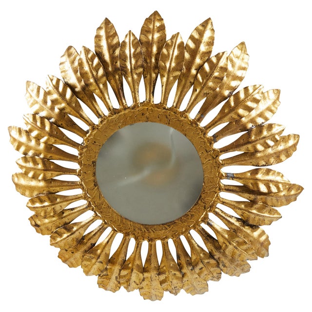 A vintage Spanish gilt metal two-light crown chandelier from the mid 20th century, with curving leaves and frosted glass....