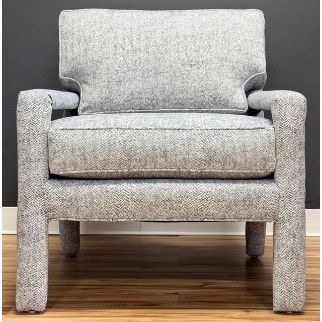 Vintage Milo Baughman style parsons chair newly upholstered in a classic blue and white tweed fabric. This comfortable...