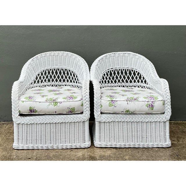 Wood Vintage Lexington Braided White Rattan Lounge Chairs - A Pair For Sale - Image 7 of 12