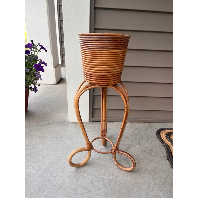 Wood Vintage Mid Century Crespi Style Pencil Reed Rattan Pedestal Bamboo Planter Italian For Sale - Image 7 of 12