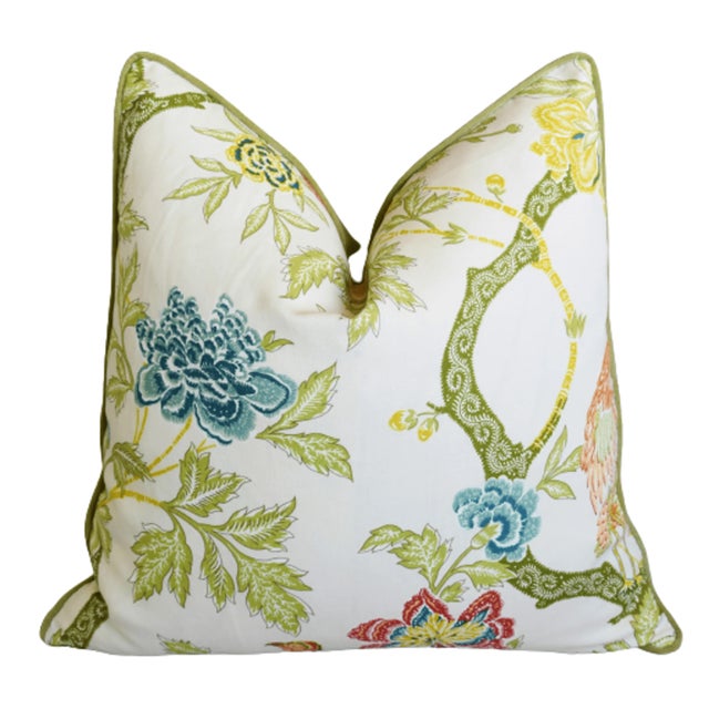 Schumacher Chinoiserie Linen & Velvet Feather/Down Pillow 24" Square For Sale In Los Angeles - Image 6 of 6